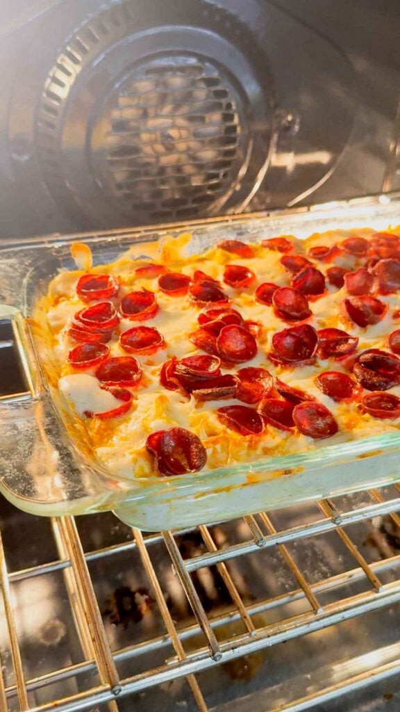 pepperoni tortellini baking in the oven