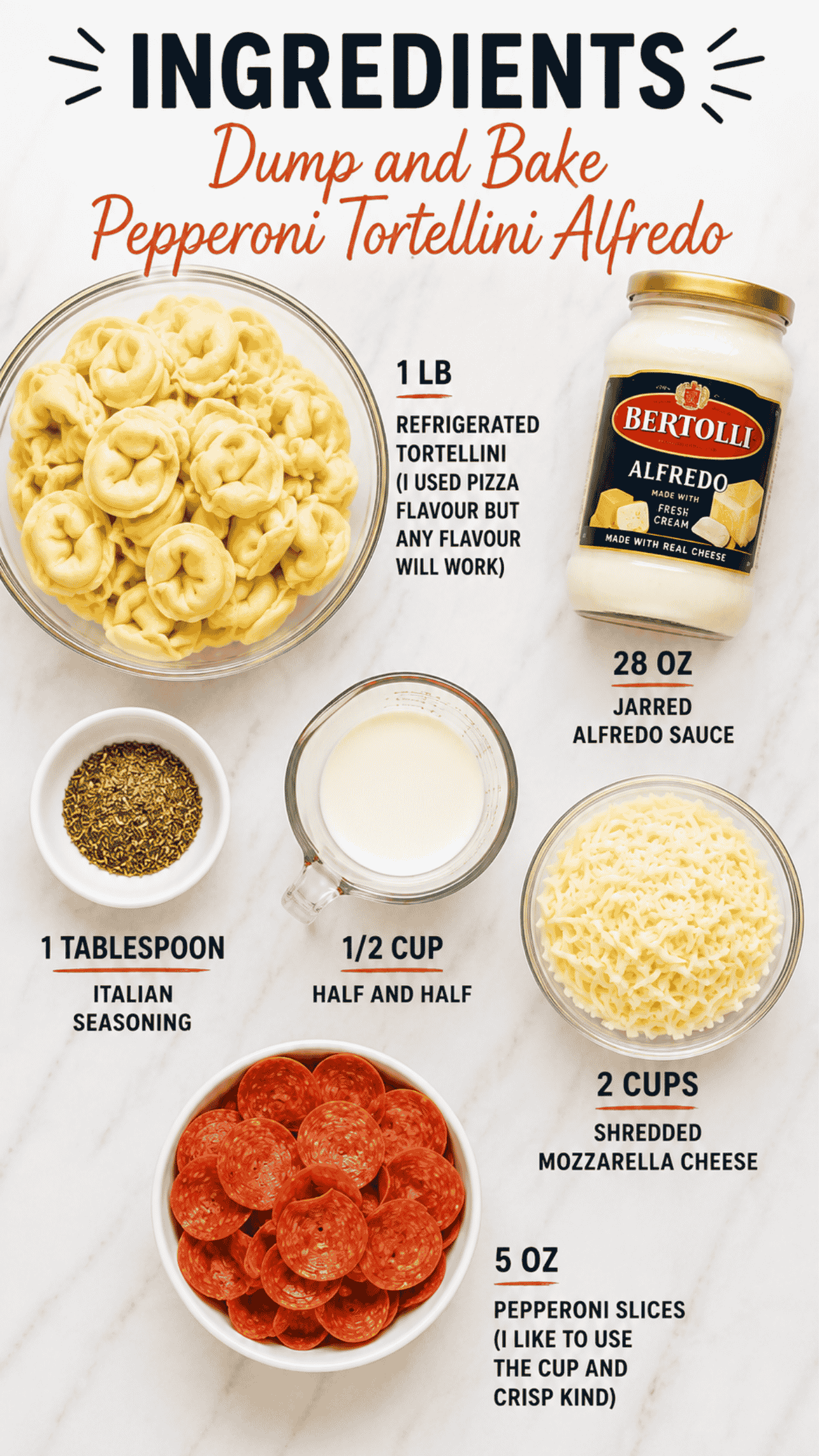 pepperoni tortellini alfredo ingredients on the kitchen counter