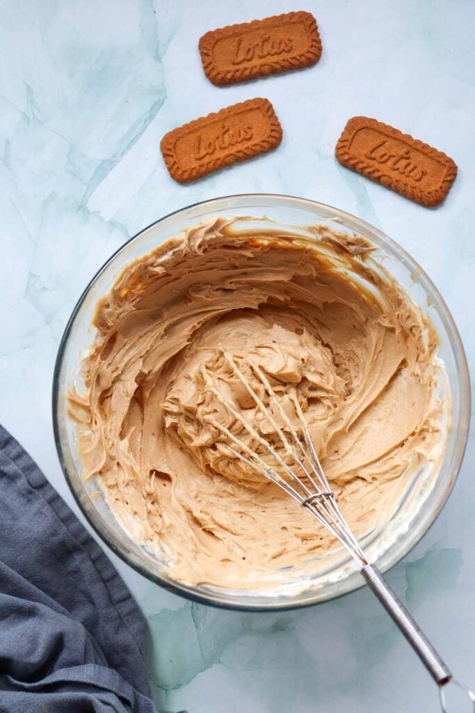 no bake cheesecake mixture in a mixing bowl