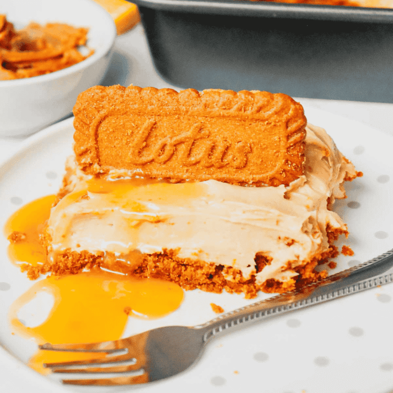 This No-Bake Biscoff Cheesecake is the ultimate easy dessert for cookie butter lovers. Made with a buttery Biscoff Cookie Crust, creamy cheesecake filling, and rich Lotus Biscoff Spread, this No Bake Cheesecake Recipe delivers incredible flavor without turning on the oven. Perfect for anyone searching for Biscoff Cheesecake, Lotus Biscoff Cheesecake, No Bake Desserts, Cookie Butter Cheesecake, Easy Cheesecake Recipes, Cheesecake Bars, Biscoff Dessert Recipes, and No Bake Cheesecake Bars. This simple dessert is ideal for holidays, potlucks, family gatherings, and make-ahead entertaining. With its smooth, creamy texture and irresistible cookie butter flavor, this No-Bake Biscoff Cheesecake is guaranteed to become one of your favorite easy dessert recipes.