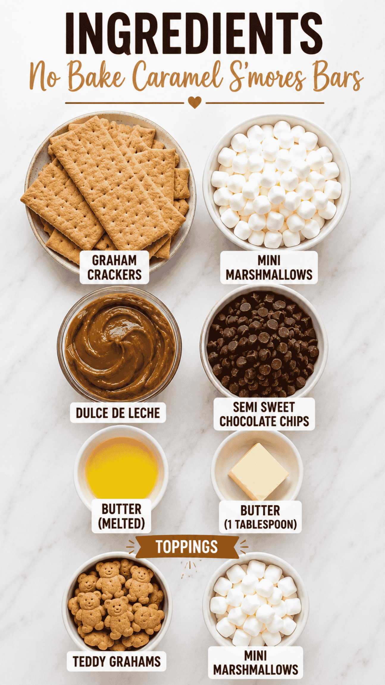 no bake caramel s'mores bars ingredients on the kitchen counter