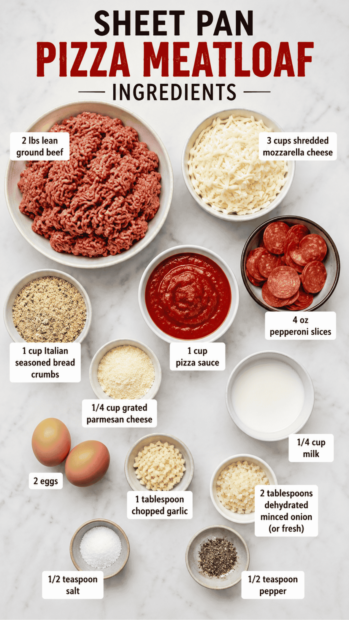 sheet pan pizza meatloaf ingredients on the kitchen counter