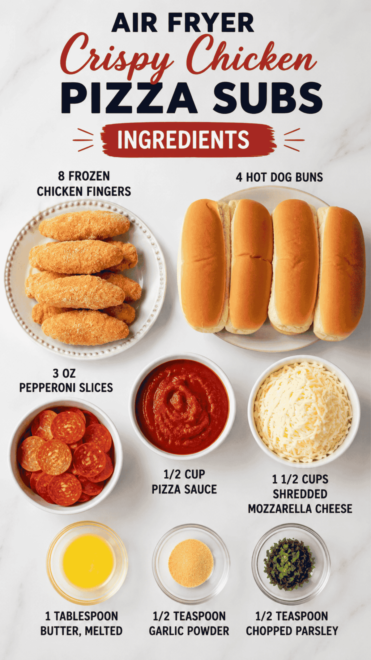air fryer cirspy chicken pizza sub ingredients on the kitchen counter