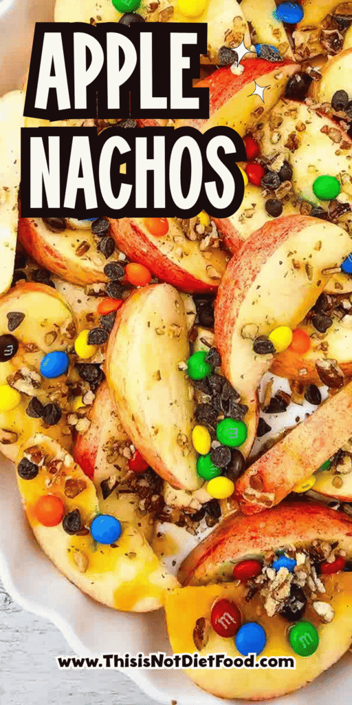 Looking for a fun, easy, and crowd-pleasing snack? These Apple Nachos are the ultimate no-bake dessert recipe made with crisp fresh apples, rich caramel sauce, mini chocolate chips, colorful mini M&Ms, and crunchy pecans. Ready in just 10 minutes, they're perfect for easy fall desserts, healthy-ish snacks for kids, after school snacks, party food ideas, apple dessert recipes, sweet snack recipes, Halloween treats, Thanksgiving snacks, and quick family desserts. Whether you're searching for caramel apple recipes, apple slices with toppings, no bake apple desserts, or a simple fruit dessert everyone will love, these loaded Apple Nachos are a delicious way to enjoy fresh apples with a fun candy twist. Save this easy recipe for your next snack craving or celebration!