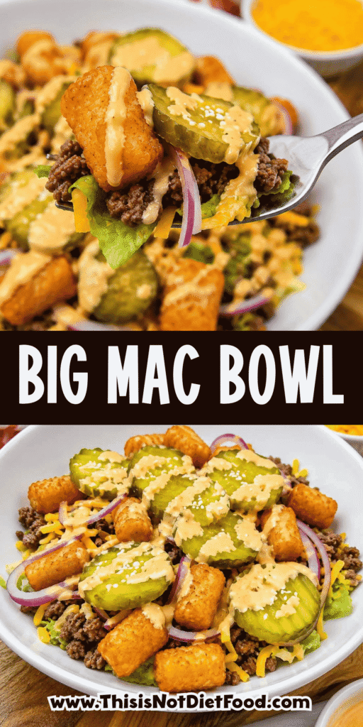 Craving all the flavors of your favorite fast food burger without the bun? This Big Mac Bowl is loaded with seasoned ground beef, crispy tater tots, shredded lettuce, cheddar cheese, red onion, pickles, sesame seeds, and a creamy special sauce for an easy meal the whole family will love. If you're looking for Big Mac Bowl Recipe, Burger Bowl Recipe, Cheeseburger Bowl, Low Carb Big Mac Bowl, Big Mac Salad Bowl, Ground Beef Dinner Ideas, Easy Ground Beef Recipes, Big Mac Casserole Inspiration, Burger Salad Recipe, or Quick Weeknight Dinners, this simple recipe is packed with classic burger flavor, comes together in under 20 minutes, and is perfect for busy nights, meal prep, or an easy comfort food dinner everyone will request again and again.