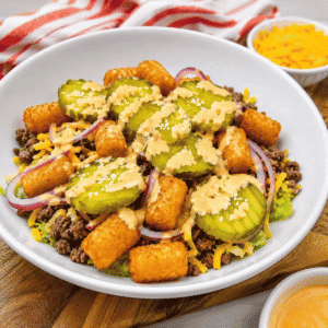Craving all the flavors of your favorite fast food burger without the bun? This Big Mac Bowl is loaded with seasoned ground beef, crispy tater tots, shredded lettuce, cheddar cheese, red onion, pickles, sesame seeds, and a creamy special sauce for an easy meal the whole family will love. If you're looking for Big Mac Bowl Recipe, Burger Bowl Recipe, Cheeseburger Bowl, Low Carb Big Mac Bowl, Big Mac Salad Bowl, Ground Beef Dinner Ideas, Easy Ground Beef Recipes, Big Mac Casserole Inspiration, Burger Salad Recipe, or Quick Weeknight Dinners, this simple recipe is packed with classic burger flavor, comes together in under 20 minutes, and is perfect for busy nights, meal prep, or an easy comfort food dinner everyone will request again and again.