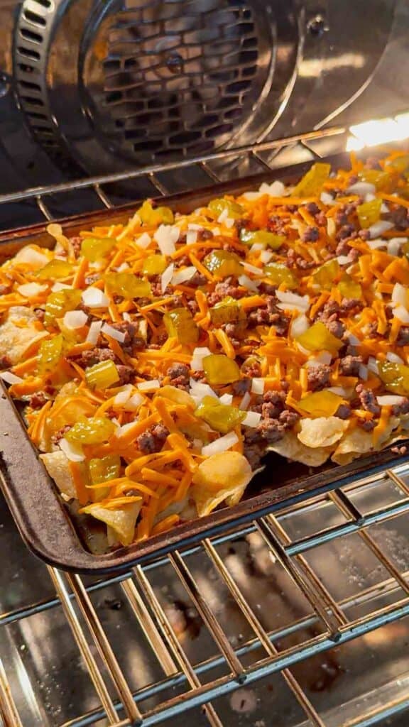big mac potato chip nachos baking in the oven