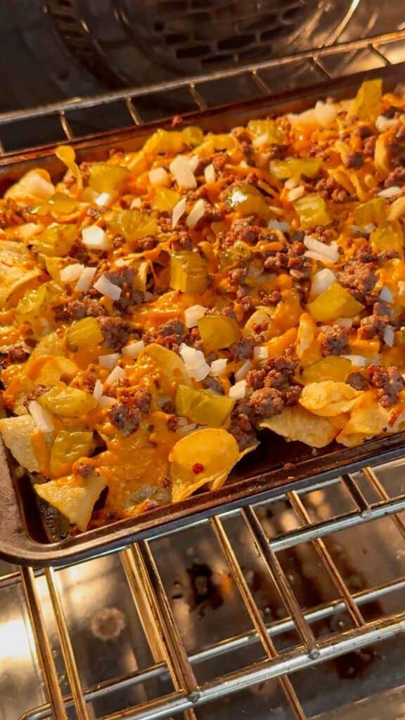 big mac nachos baking in the oven