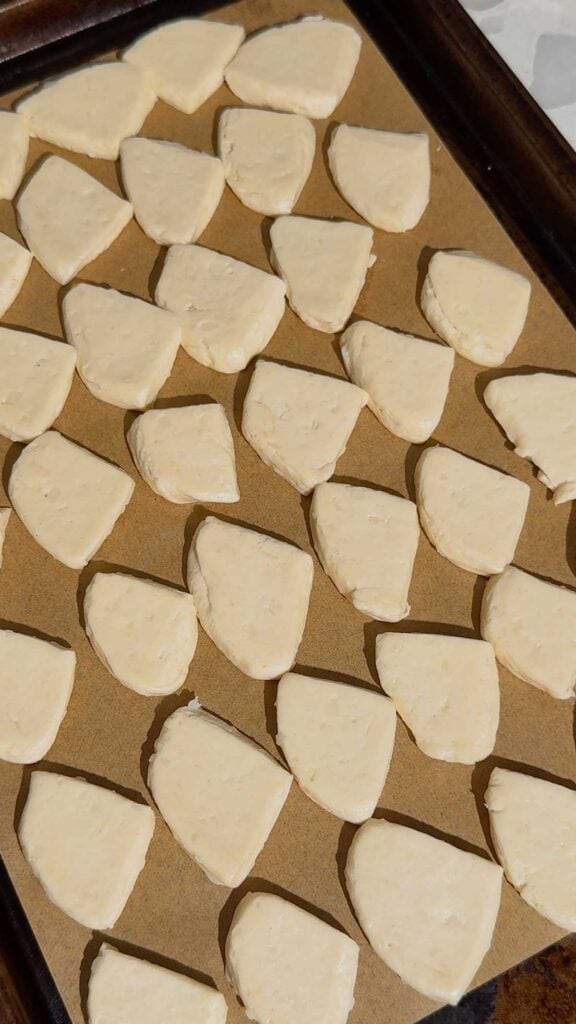 flattened biscuit pieces on a parchment lined baking sheet