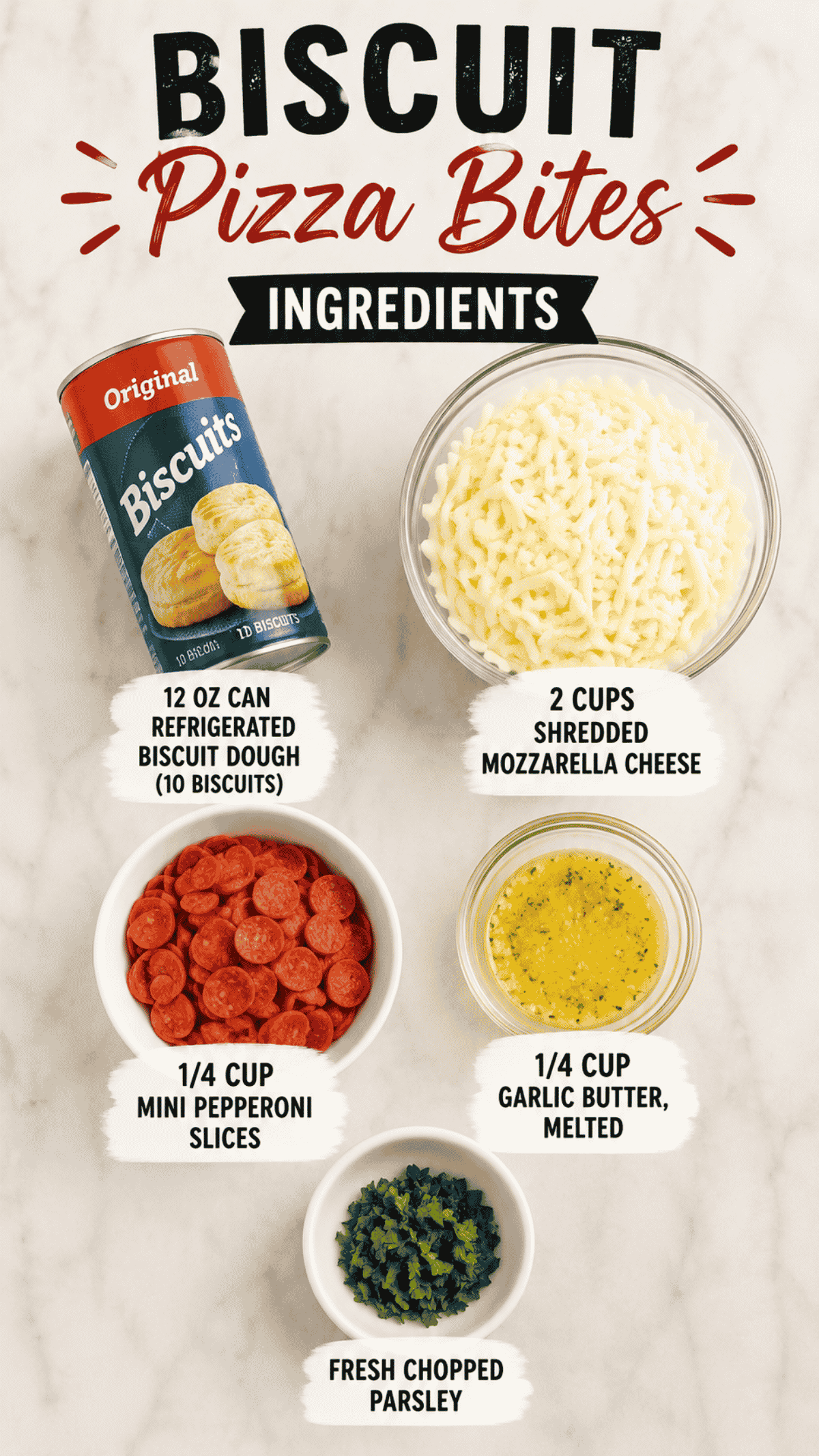 biscuit pizza ingredients on the kitchen counter