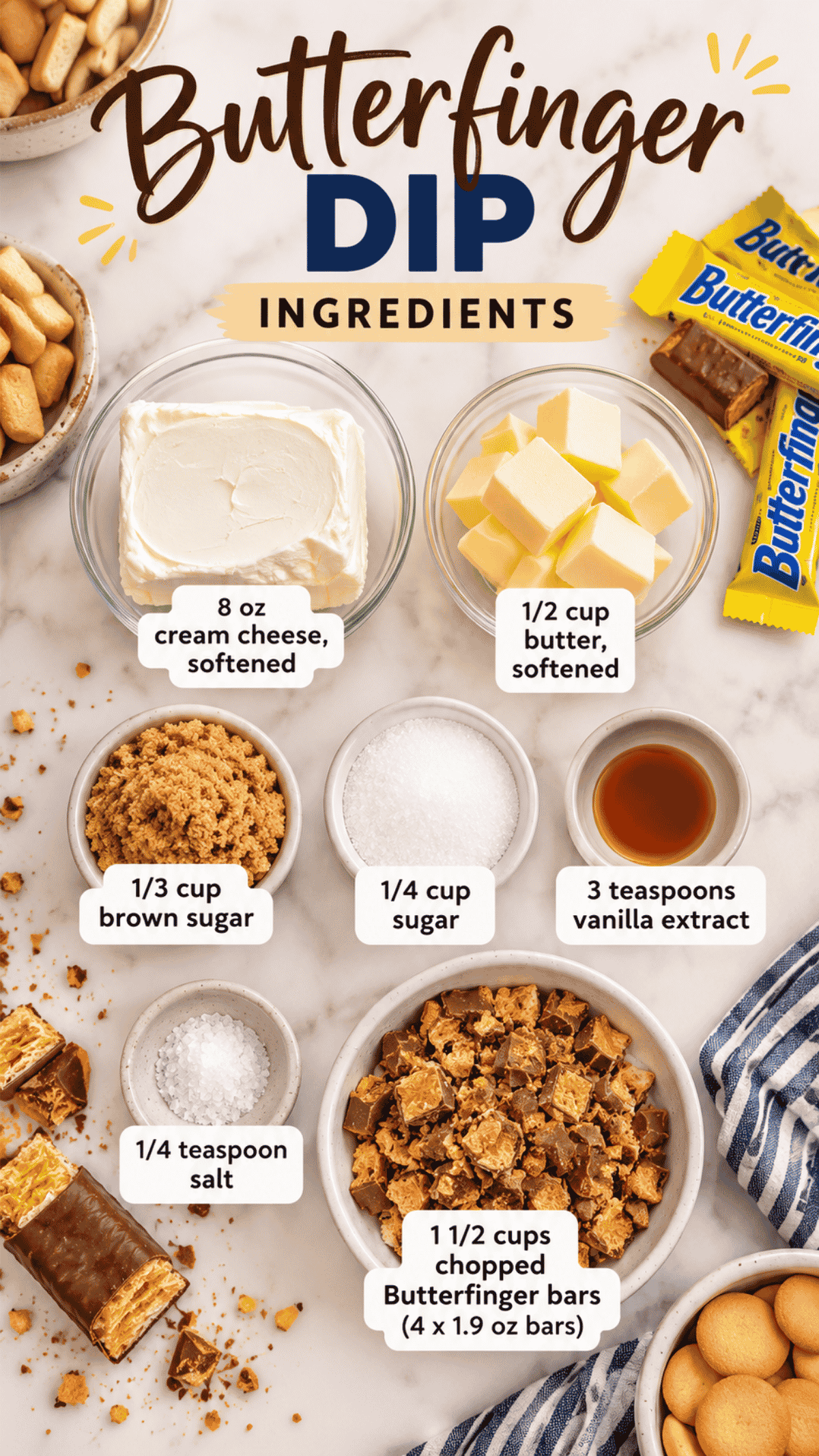 butterfinger dip ingredients on the kitchen counter