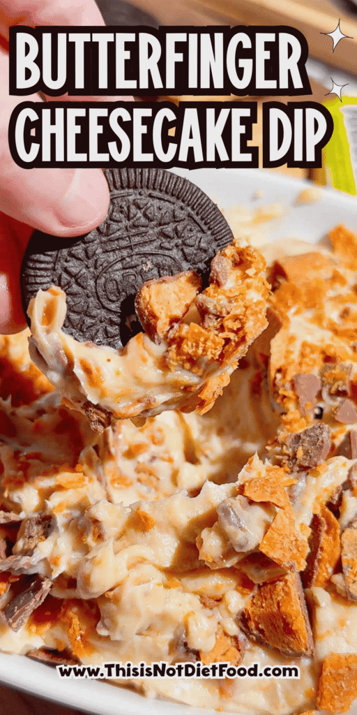 If you're looking for the ultimate no bake dessert, this Butterfinger Dip is about to become your new favorite sweet treat. Made with cream cheese, butter, brown sugar, vanilla, and plenty of chopped Butterfinger candy bars, this creamy dessert dip is perfect for parties, game day, holidays, movie nights, and potlucks. Serve it with graham crackers, vanilla wafers, pretzels, apple slices, strawberries, or cookies for an easy crowd-pleasing snack. This easy dessert dip recipe takes just 10 minutes to make with no baking required, making it ideal for last-minute entertaining. Save this Butterfinger Dip recipe for your favorite candy dessert, no bake desserts, party food ideas, easy dessert recipes, and delicious dessert dips everyone will love.