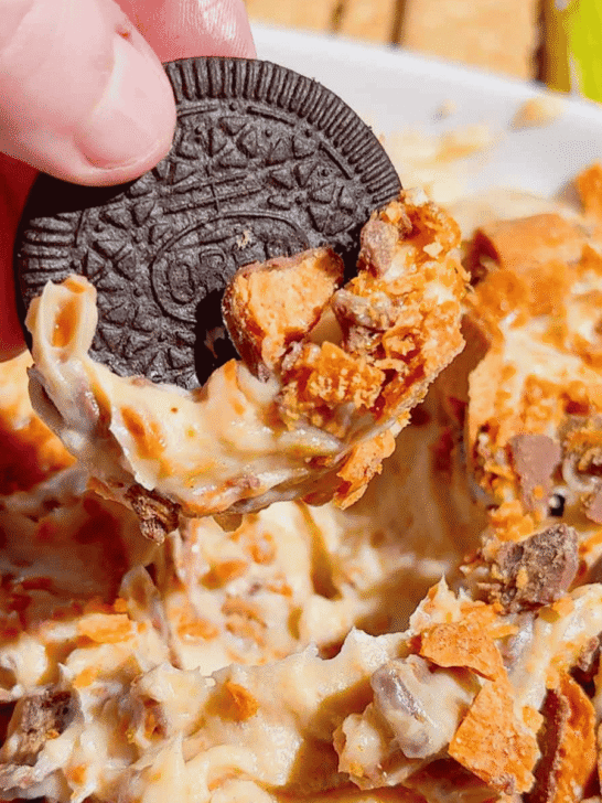 If you're looking for the ultimate no bake dessert, this Butterfinger Dip is about to become your new favorite sweet treat. Made with cream cheese, butter, brown sugar, vanilla, and plenty of chopped Butterfinger candy bars, this creamy dessert dip is perfect for parties, game day, holidays, movie nights, and potlucks. Serve it with graham crackers, vanilla wafers, pretzels, apple slices, strawberries, or cookies for an easy crowd-pleasing snack. This easy dessert dip recipe takes just 10 minutes to make with no baking required, making it ideal for last-minute entertaining. Save this Butterfinger Dip recipe for your favorite candy dessert, no bake desserts, party food ideas, easy dessert recipes, and delicious dessert dips everyone will love.
