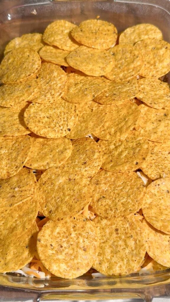 tortilla chip layer in a baking dish