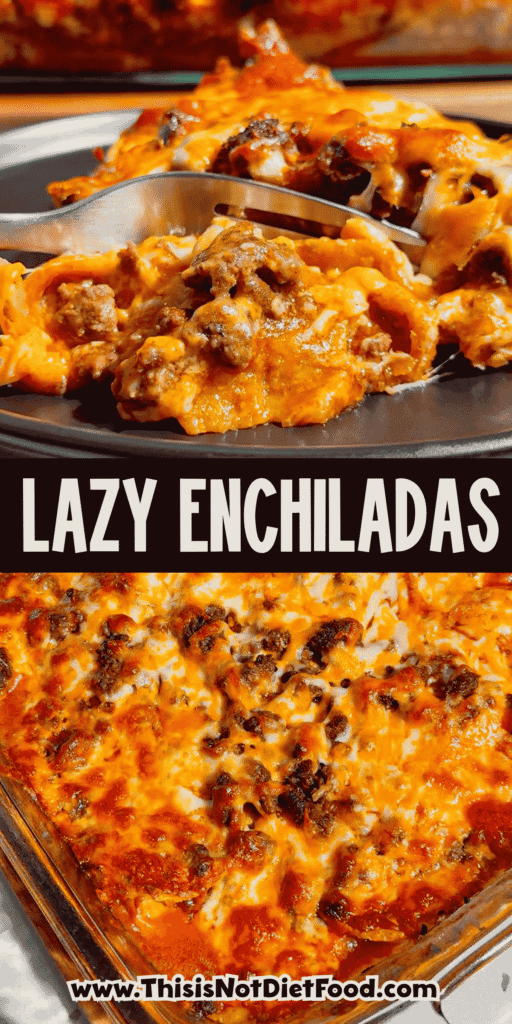 Looking for an easy enchilada casserole the whole family will love? These Lazy Enchiladas are packed with seasoned ground beef, crunchy tortilla chips, rich red enchilada sauce, and loads of melted cheddar cheese for the ultimate comfort food dinner. This simple Mexican-inspired casserole skips the rolling but keeps all the bold flavor, making it perfect for busy weeknights, family dinners, potlucks, and meal prep. If you love easy ground beef recipes, cheesy casserole recipes, Tex-Mex dinners, quick family meals, tortilla chip casseroles, budget-friendly dinners, and simple comfort food recipes, this Lazy Enchiladas recipe is guaranteed to become a regular on your dinner menu. Save this easy enchilada casserole recipe for your next stress-free dinner!