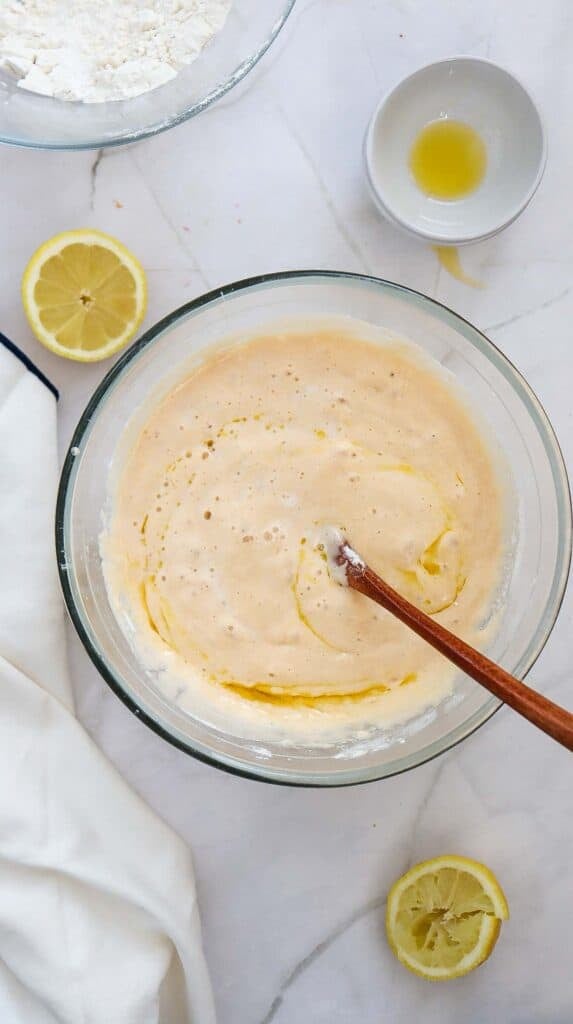 lemon loaf batter in a mixing bowl