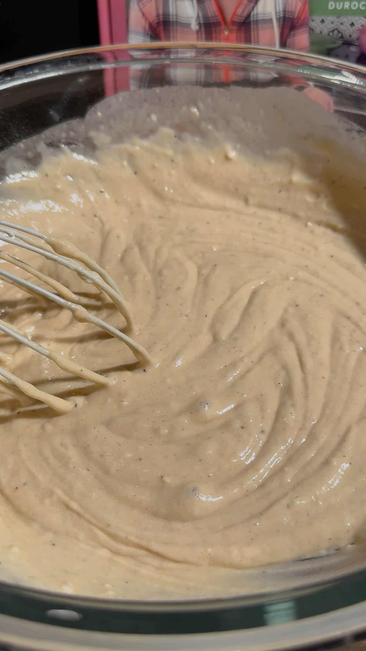 pancake batter in a glass bowl