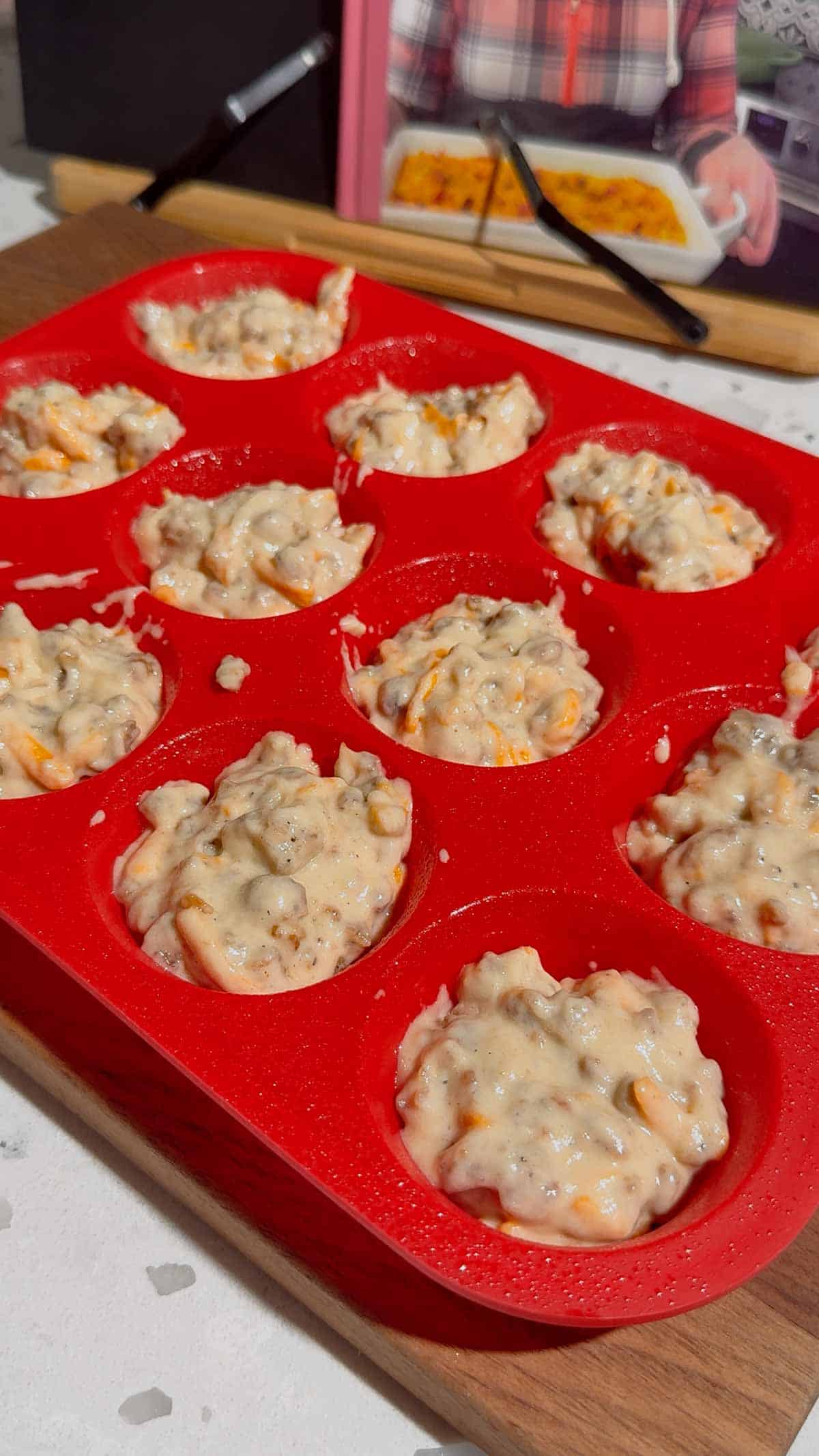 sausage mcgriddle batter in a silicone muffin pan