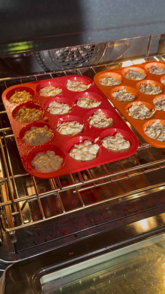 mcgriddle batter in muffin tins in the oven
