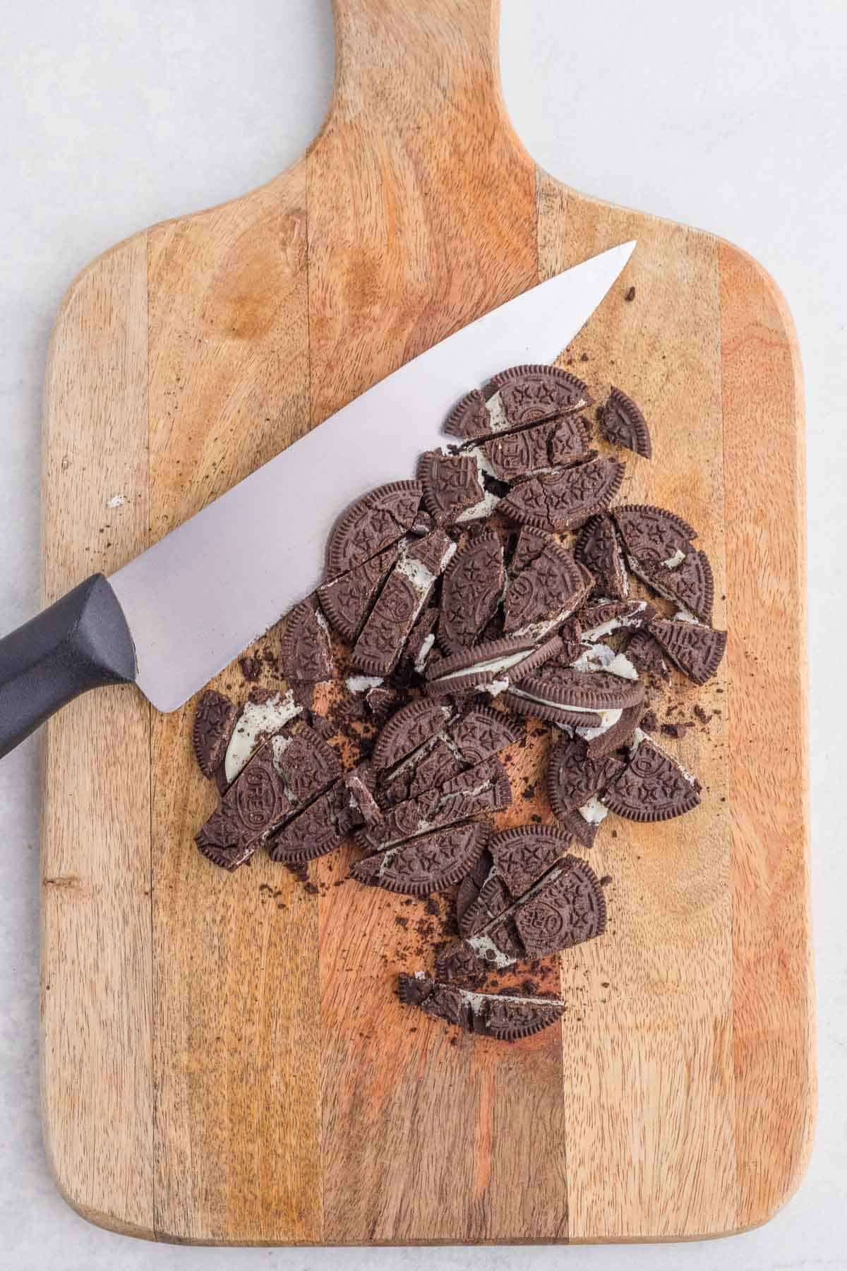 chopped Oreos on a cutting board