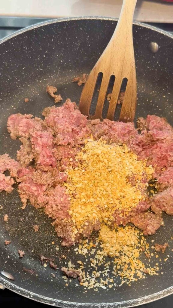 dehydrated minced onion added to skillet with ground beef