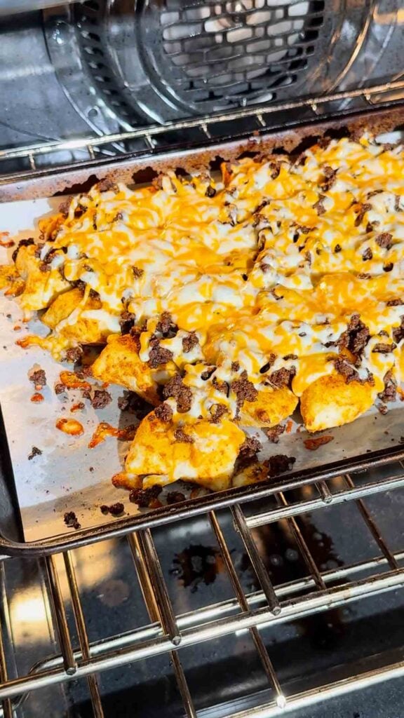 pierogi nachos baking in the oven
