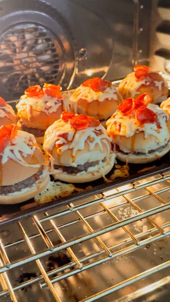 pizza burgers baking in the oven