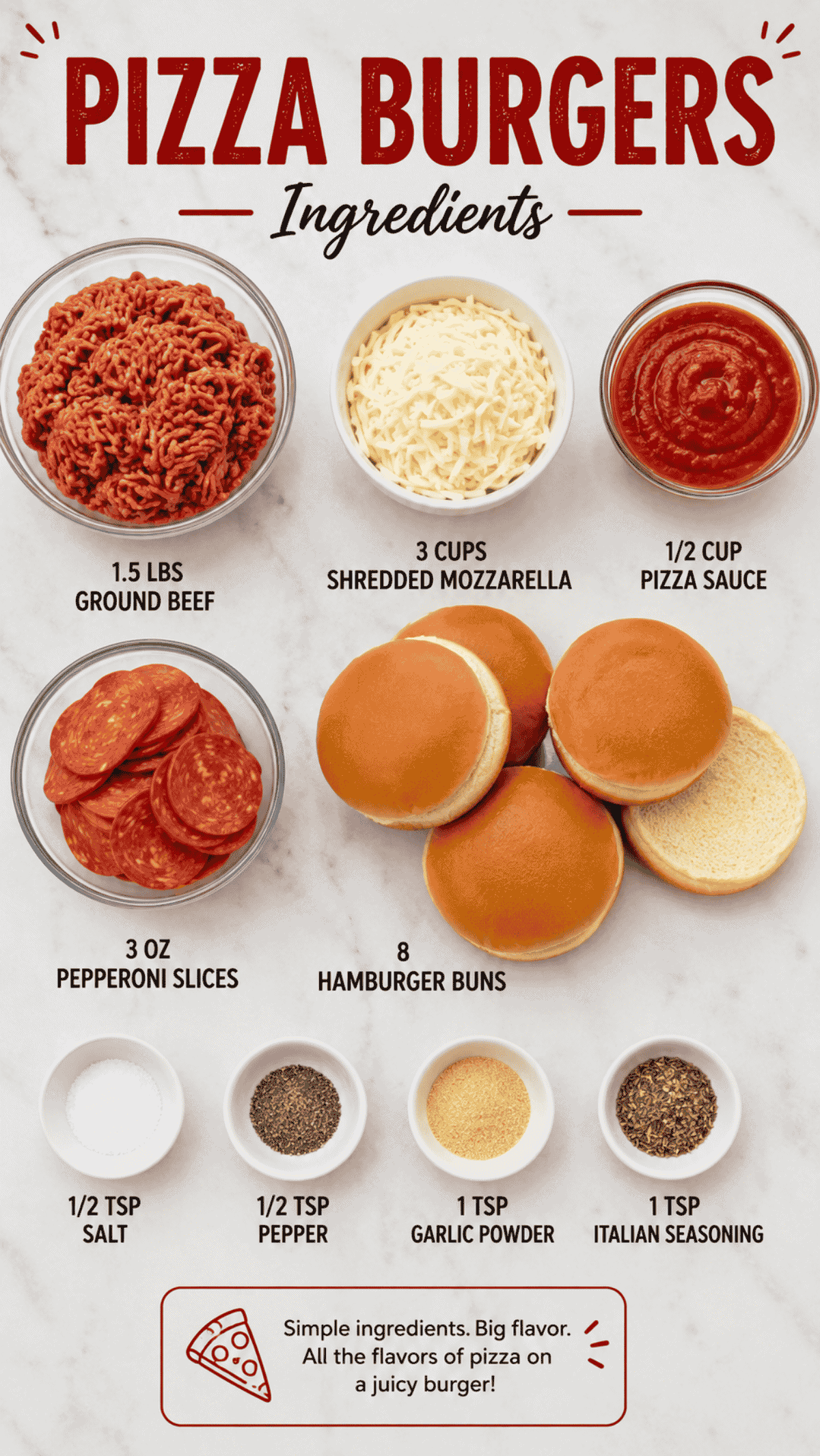 pizza burger ingredients on the kitchen counter
