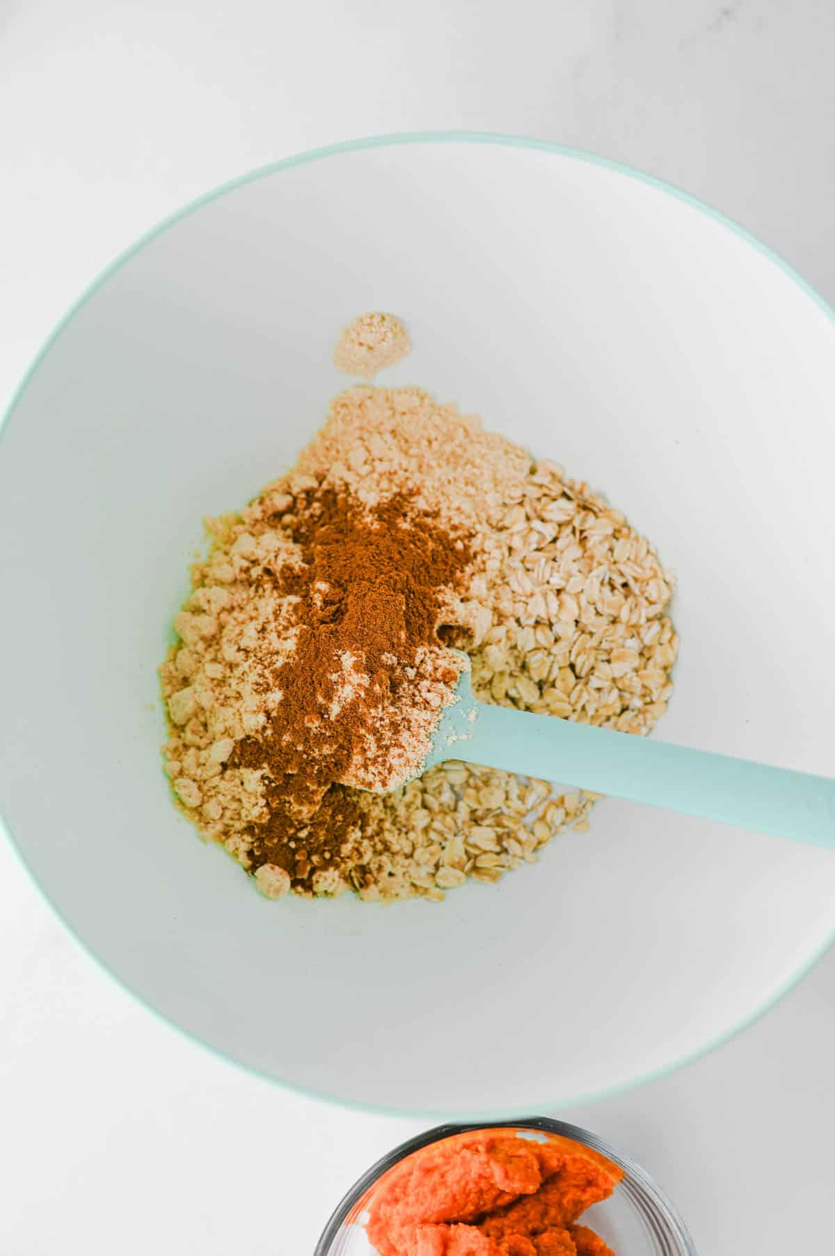 oats, protein powder, and pumpkin pie spice in a mixing bowl