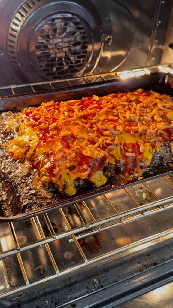 cheeseburger meatloaf baking in the oven