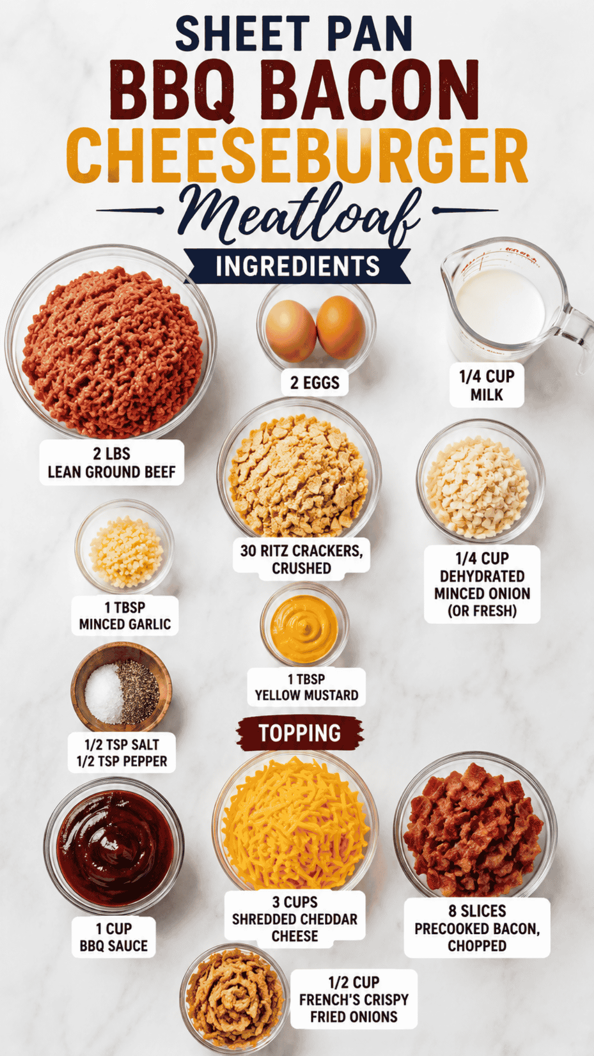 sheet pan bbq bacon cheeseburger meatloaf ingredients on the kitchen counter