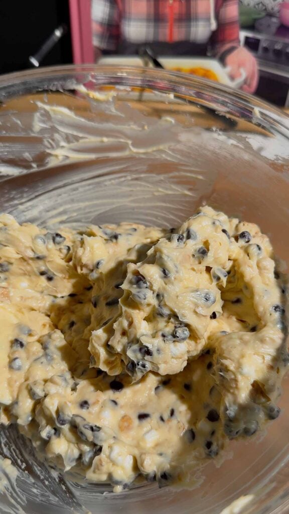 s'mores cookie dough dip in a glass mixing bowl
