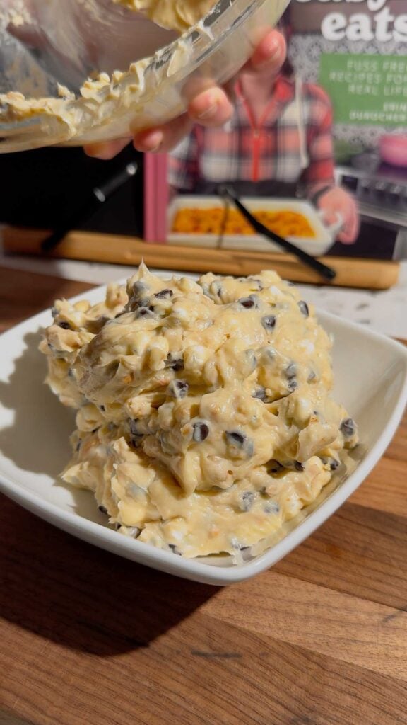 s'mores cookie dough dip transferred to a serving bowl