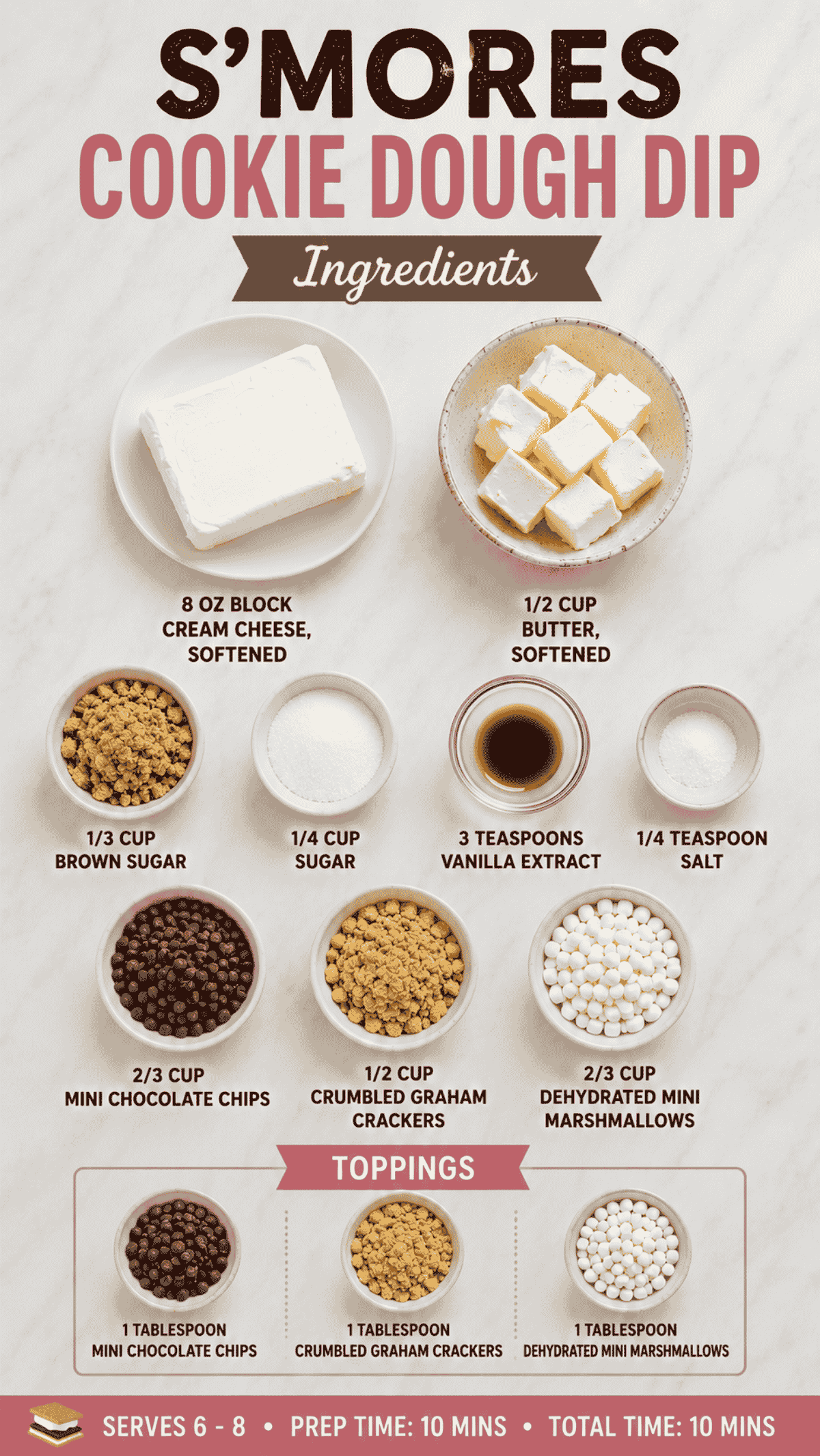 s'mores cookie dough dip ingredients on the kitchen counter