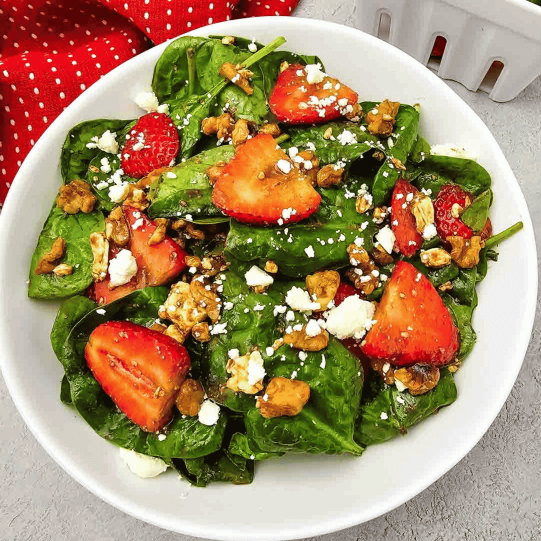 Looking for a fresh and easy salad recipe everyone will love? This Strawberry Spinach Salad is loaded with baby spinach, juicy fresh strawberries, crunchy walnuts, and creamy feta cheese, all tossed in a simple homemade balsamic dressing. It's the perfect healthy salad for spring and summer, whether you need a quick lunch, light dinner, side dish, picnic recipe, or potluck favorite. This easy spinach salad comes together in just 10 minutes with simple ingredients and is packed with sweet and savory flavor in every bite. Save this strawberry salad recipe for busy weeknights, holiday meals, BBQs, bridal showers, Mother's Day brunch, or anytime you're craving a fresh, colorful, and delicious salad that's both beautiful and satisfying.