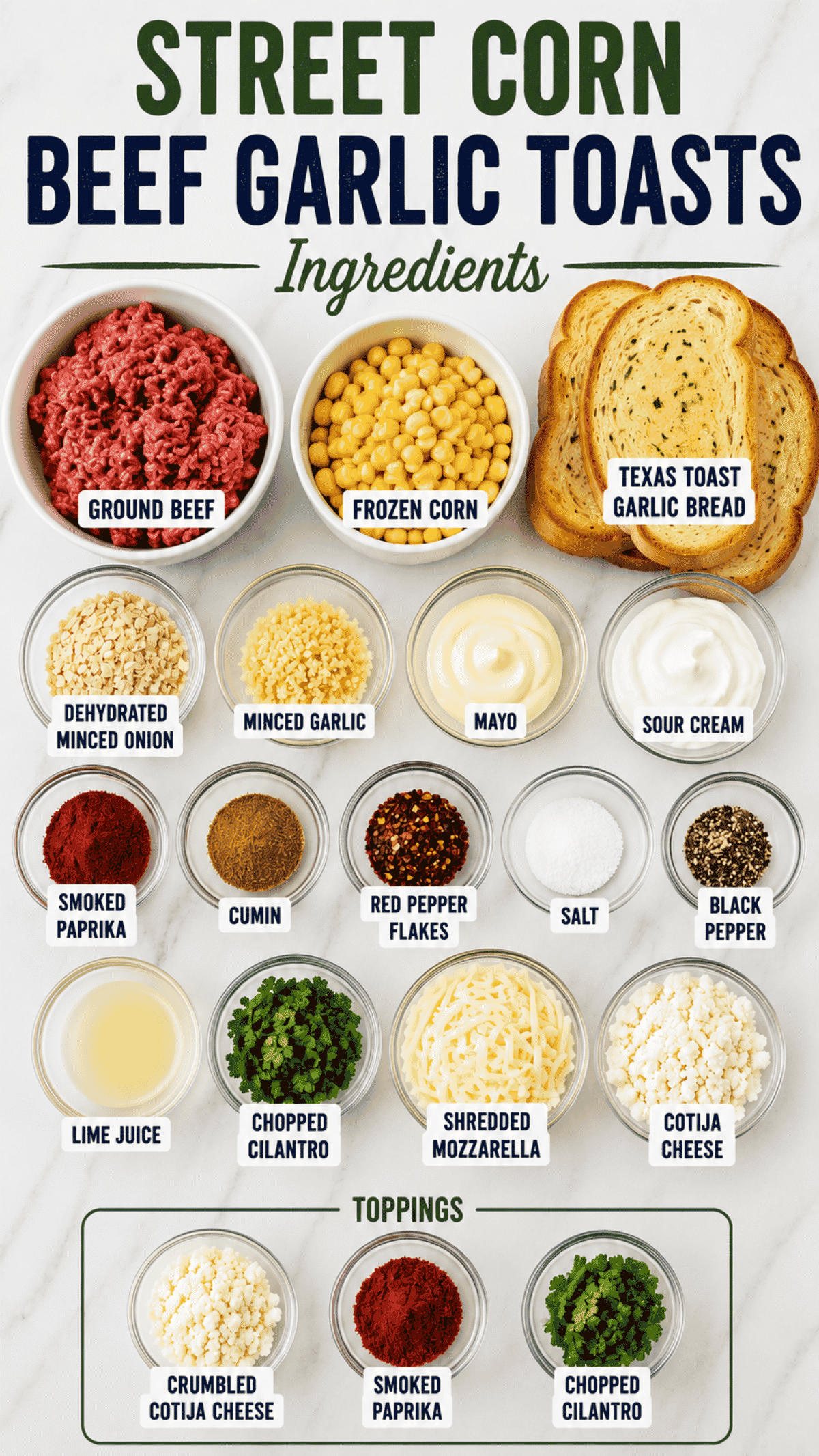 street corn beef garlic toast ingredients on the kitchen counter