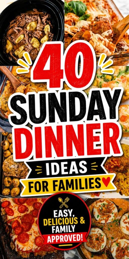 Looking for Sunday dinner ideas the whole family will love? This collection of 40 Sunday Dinner Recipes is packed with cozy, satisfying Homecooked Meals, from Tender Beef and hearty casseroles to flavorful Chicken Dishes and classic comfort food. Find Easy Sunday Dinner Recipes for relaxed weekends, Big Family Meals for a crowd, and Special Dinner Recipes when you want something extra delicious. These Yummy Family Meals also include Slow Cooker Dinner inspiration, Dinner With Ground Beef, Cheesy Comfort Food Dishes, and Cool Weather Meals perfect for fall. Whether you need a Good Sunday Dinner, Weekend Dinner inspiration, or timeless Family Suppers, these Family Friendly Meals make planning easier. Save these Best Sunday Dinner Recipes Families will request again and again!
