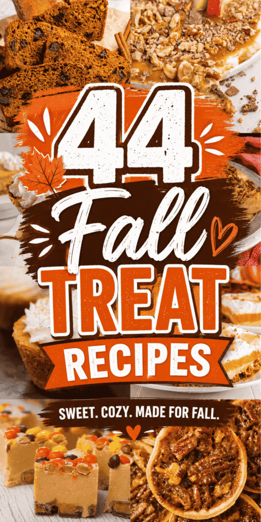 Save this collection of 44 fall treat recipes for baking and easy desserts with pumpkin, apple, caramel, cinnamon, and chocolate. These Fall Baking Recipes, Simple Fall Desserts, and Fall Treat Ideas include Pumpkin Chocolate Chip Cookies, Moist Pumpkin Chocolate Chip Bread, Mini Pumpkin Pies, Pumpkin Spice White Chocolate Chip Cookies, Caramel Apple Slices, Apple Cobbler, Cereal Treats, Mini Bundt Cakes, and Fall Themed Donuts. Find Simple Fall Desserts, Fall Baked Goods Recipes, Cute Fall Desserts, Quick Fall Desserts, and Fun Fall Desserts for Halloween, Thanksgiving, bake sales, parties, movie nights, or weekend baking. Whether you need Fall Treats For Kids, Fall Treats To Sell, Thanksgiving Dessert Ideas, or Autumn Baking Ideas, find sweet seasonal inspiration here.