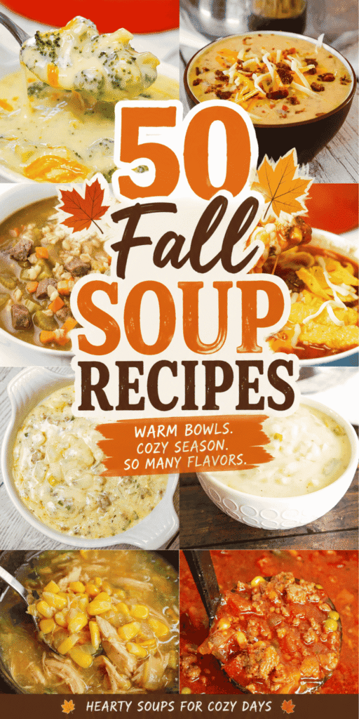 Warm up your weekly menu with 50 Fall Soup Recipes made for chilly nights, busy schedules, and Meals Everyone Loves. This cozy Recipe Roundup is packed with Easy Fall Soup Recipes, hearty Fall Soups, Chicken Soup Recipes, Vegetable Beef Soup, Ham And Beans, Loaded Potato soup, Tomato Basil soup, and Chicken Noodle favorites. Whether you need a simple Fall Dinner, comforting Soup Dinner, or Easy Soups for meal prep, there is something here for cravings. Find stovetop favorites, Easy Crockpot Soup ideas, and Crock Pot Soup recipes that make Frugal Meal Planning easier. Save this collection for Grocery Budgeting, Frugal Meals, Weekend Dinner inspiration, and all the Cozy Meals you crave when temperatures drop. These homemade bowls are filling, family-friendly, flavorful, and perfect for fall.