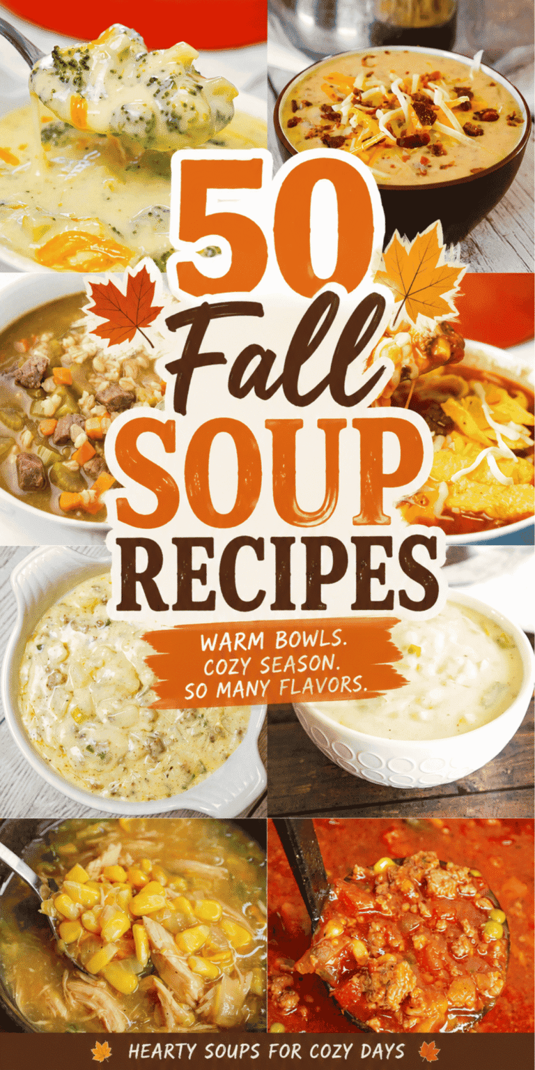 Warm up your weekly menu with 50 Fall Soup Recipes made for chilly nights, busy schedules, and Meals Everyone Loves. This cozy Recipe Roundup is packed with Easy Fall Soup Recipes, hearty Fall Soups, Chicken Soup Recipes, Vegetable Beef Soup, Ham And Beans, Loaded Potato soup, Tomato Basil soup, and Chicken Noodle favorites. Whether you need a simple Fall Dinner, comforting Soup Dinner, or Easy Soups for meal prep, there is something here for cravings. Find stovetop favorites, Easy Crockpot Soup ideas, and Crock Pot Soup recipes that make Frugal Meal Planning easier. Save this collection for Grocery Budgeting, Frugal Meals, Weekend Dinner inspiration, and all the Cozy Meals you crave when temperatures drop. These homemade bowls are filling, family-friendly, flavorful, and perfect for fall.