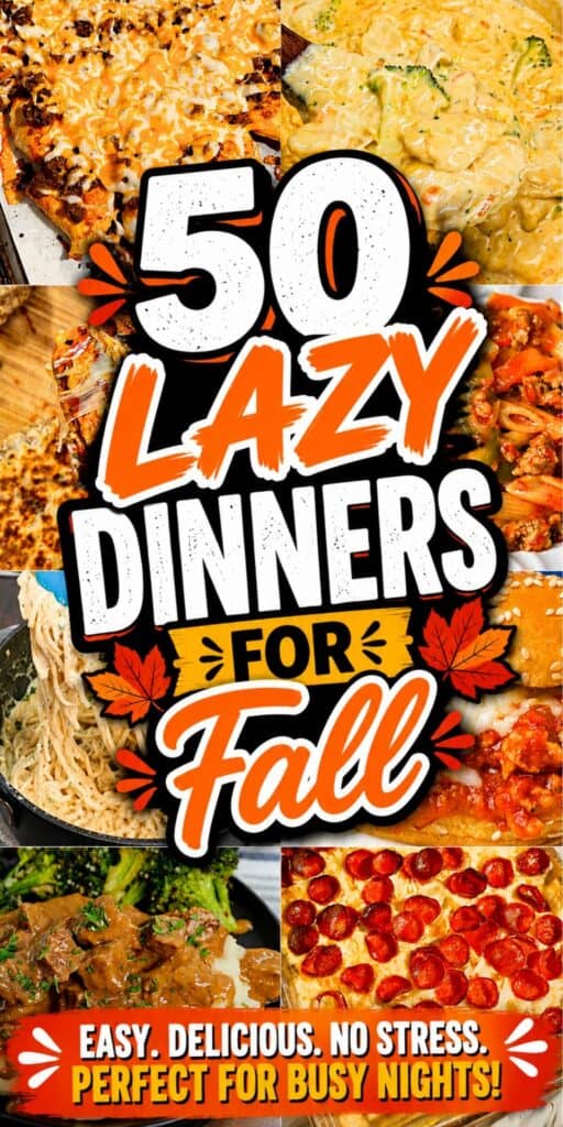 Save these 50 Lazy Dinners for Fall when you need cozy food without spending all evening in the kitchen. This collection is packed with Easy Fall Dinners, Fall Dinner Recipes, Fall Comfort Food, hearty casseroles, Crockpot Recipes, soups, pasta dishes, sandwiches, and simple family favorites. These Easy Lazy Dinner Ideas are perfect for busy school nights, Quick Week Day Dinners, or nights when What's For Dinner Tonight feels impossible. Find Lazy Dinners For Family, Fast Family Meals, Few Ingredient Dinners, Throw Together Meals, One Pan Meals, Slow Cooker Dinner ideas, and Cheap Family Dinners. From Fall Soups and Hamburger Casserole to cozy pasta and pizza, these Lazy Meals Dinners make autumn cooking easy. Save this roundup for October Dinners and November Dinner inspiration!