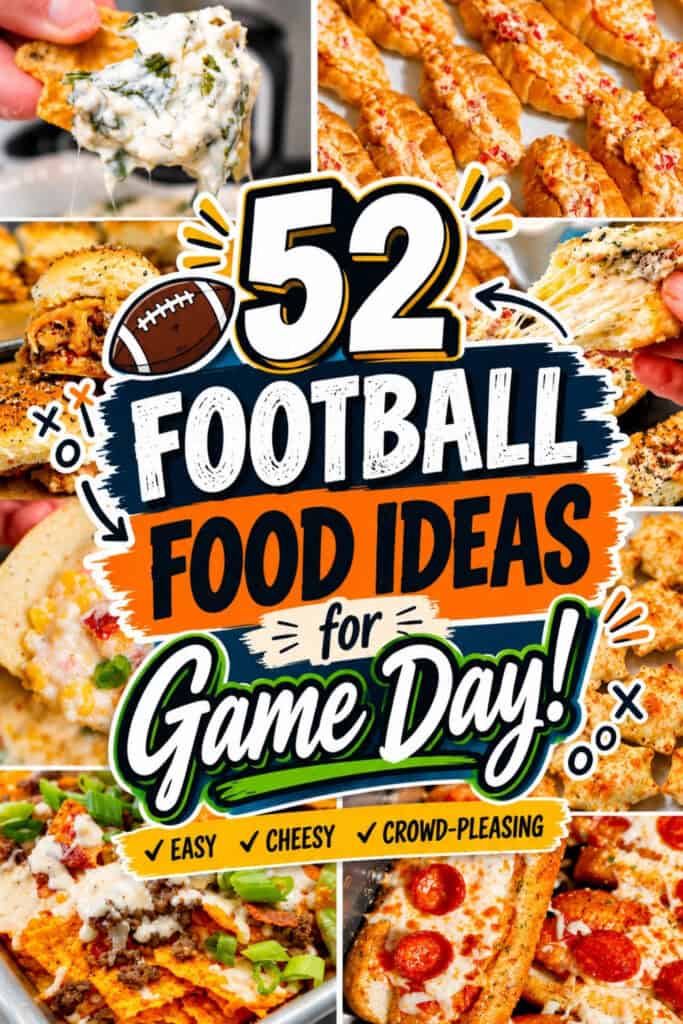 Build a winning spread with these 52 Game Day Food Ideas packed with cheesy, savory, crowd-pleasing favorites. This collection is loaded with Tailgate Food Ideas, Football Party Snacks, Football Finger Foods, Game Day Appetizers, Party Sliders, dips, nachos, wings, and bite-sized snacks that are made for sharing. Whether you need Football Sunday Food for the family, Easy Football Party Food for friends, or Football Tailgate Food for a big crowd, there are plenty of simple options to choose from. Save these Football Recipes for Football Season Food, playoff weekends, a Fall Football Party, or your next Watch Party. These Game Day Foods Easy ideas make planning a Game Day Menu Football fans will love simple, fun, and delicious. Perfect for dips, sliders, snacks, and easy game day meals.