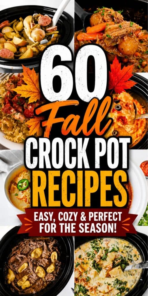 Save this collection of 60 Fall Crock Pot Recipes for cozy nights, busy weekdays, game days, and effortless family meals. These Fall Slow Cooker Recipes include Dump And Go Crockpot Dinners, Easy Crockpot Dinners, hearty Crockpot Soup Recipes, Fall Soups Crockpot favorites, Hearty Beef Stew, Mississippi Pot Roast, Homemade Chicken And Dumplings, Crockpot Pork Roast, Slow Cooker Sloppy Joes, and comforting chili. You’ll also find Easy Fall Crockpot Meals, Ground Beef Crockpot Recipes, Crockpot Appetizers, and Fall Crockpot Recipes For Family dinners. Whether you need Lazy Dinners, Dump Meals, Make Ahead Meals, a Cheap Fall Dinner, or simple Fall Dinner Recipes Easy enough for a hectic weeknight, these Crockpot Fall Meals make autumn cooking warm, satisfying, and wonderfully low effort.