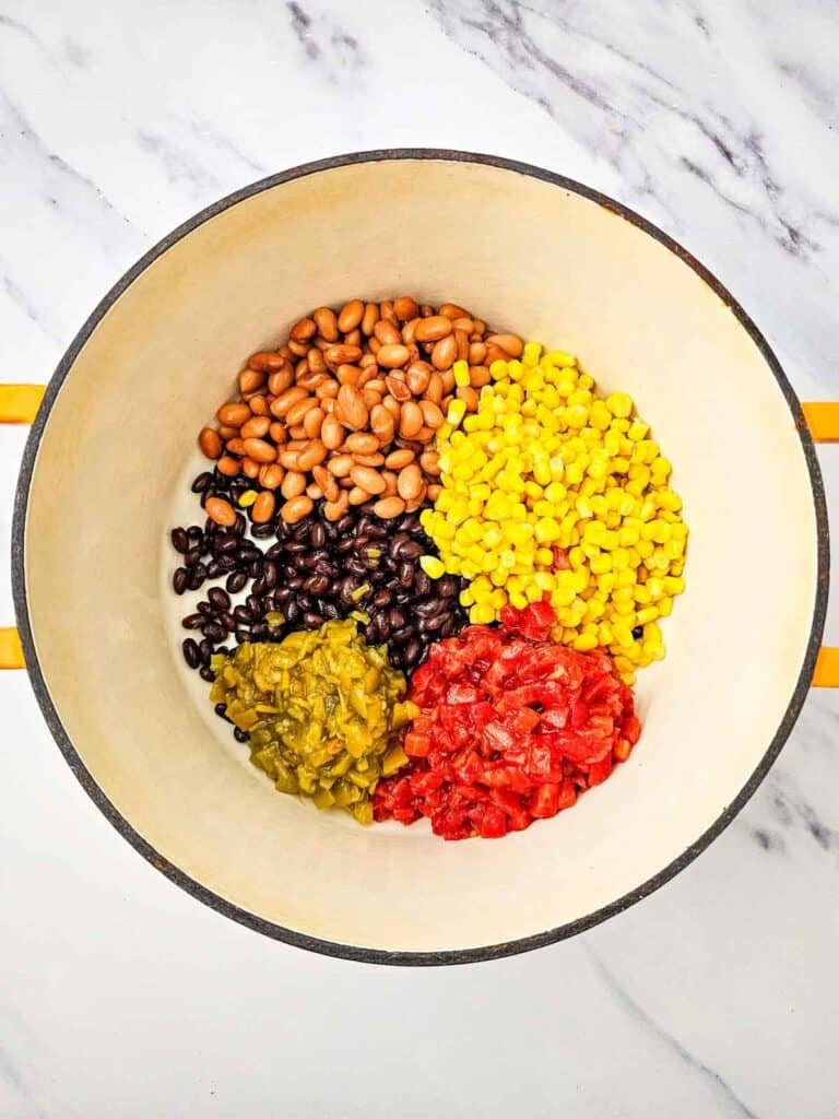 beans, corn, green chilies and diced tomatoes in a large pot