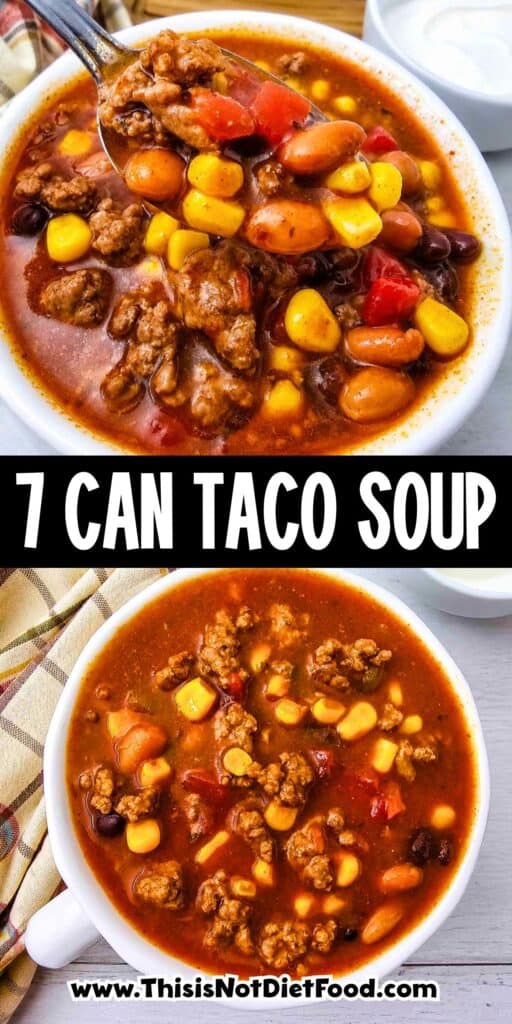 This easy 7 Can Taco Soup is the ultimate cozy dinner when you want big flavor with minimal prep! Loaded with seasoned ground beef, black beans, pinto beans, corn, diced tomatoes, green chilis and enchilada sauce, this hearty Taco Soup Recipe comes together with simple pantry staples in one pot. Taco seasoning, ranch seasoning, garlic, smoked paprika and cumin give every spoonful bold Tex-Mex flavor. Add this easy soup to your list of One Pot Dinner Ideas, Ground Beef Soup Recipes, Easy Taco Soup Recipes and Comfort Food Recipes. It’s perfect for busy weeknights, chilly fall dinners, meal prep or feeding the whole family. If you love Mexican Inspired Recipes, hearty Beef Soup Recipes and easy canned food recipes, save this 7 Can Taco Soup Recipe for a warm and satisfying dinner everyone will love!