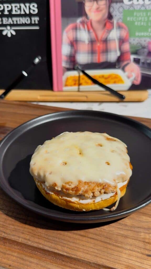 cheese topped chicken patty on a bun