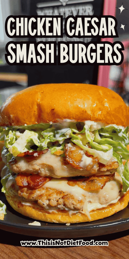 These Chicken Caesar Smash Burgers are the ultimate mashup of a juicy chicken burger and a classic Caesar salad. Made with crispy smashed ground chicken patties, melty mozzarella cheese, smoky bacon, creamy Caesar dressing, crunchy romaine lettuce, parmesan, and croutons on buttery toasted brioche buns, this easy burger recipe is perfect for weeknight dinners, summer cookouts, backyard BBQs, and family meals. If you're looking for smash burger recipes, chicken burger recipes, ground chicken recipes, easy dinner ideas, burger night inspiration, or restaurant-style burgers you can make at home, this Chicken Caesar Smash Burger recipe delivers big flavor with simple ingredients. Save this easy chicken smash burger recipe for your next cookout, game day, or quick dinner everyone will rave about!