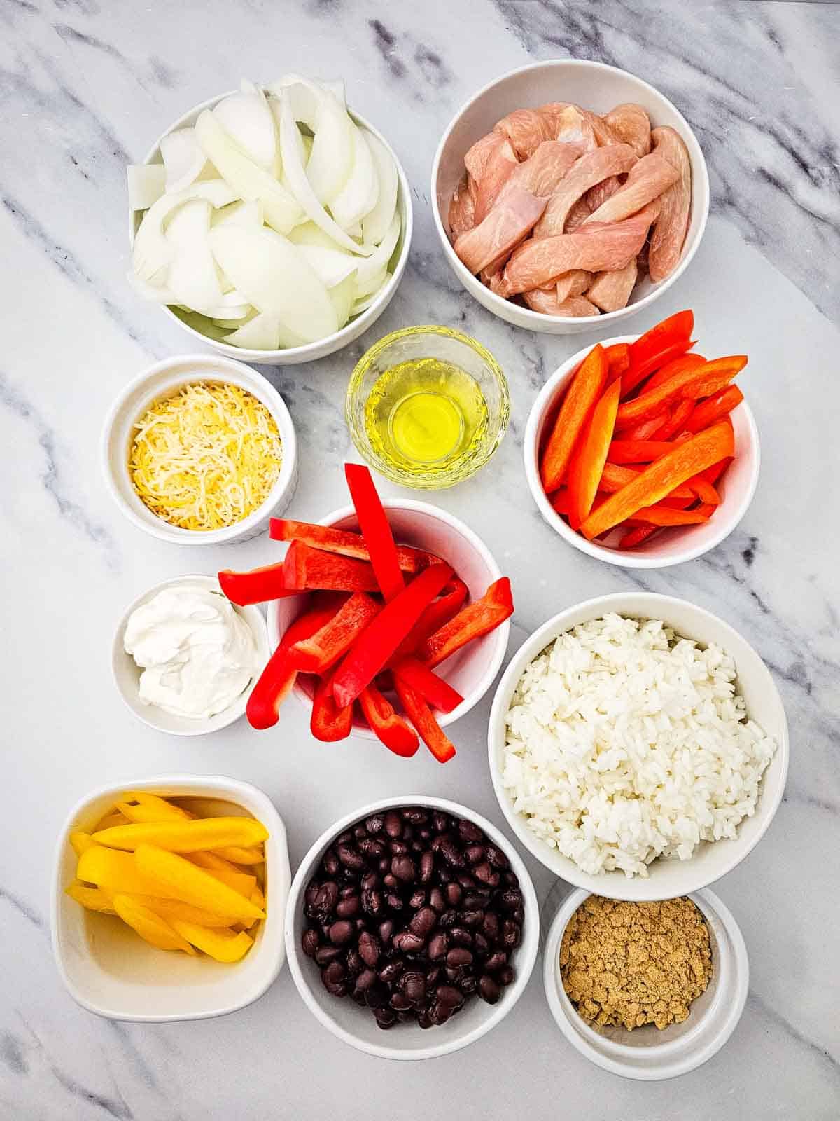 chicken fajita bowl ingredients on the kitchen counter