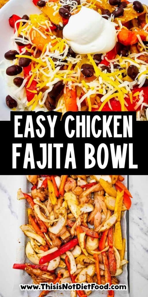 These easy Chicken Fajita Bowls are a flavorful weeknight dinner loaded with juicy seasoned chicken, colorful bell peppers, onions, fluffy rice, black beans, shredded cheese, and sour cream. If you love Chicken Fajita Bowl Recipes, Sheet Pan Chicken Fajitas, Mexican Chicken Bowls, or easy Chicken and Rice Bowls, this simple dinner is a must-try! The chicken and vegetables roast together on one sheet pan for easy prep and cleanup, then everything is piled into a delicious fajita rice bowl. Perfect for busy families, meal prep, quick dinners, and customizable meals everyone can top their own way. Save this Chicken Fajita Rice Bowl recipe when you need Easy Chicken Dinner Ideas, Mexican Dinner Recipes, Healthy Fajita Bowls, Sheet Pan Dinners, or quick family meals packed with bold fajita flavor!