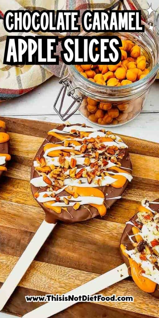 These Chocolate Caramel Apple Slice Pops are an easy fall treat combining crisp Granny Smith apples with rich chocolate, gooey caramel, white chocolate drizzle, and crunchy pecans. If you love Caramel Apple Slices, Chocolate Covered Apple Slices, or classic Caramel Apples, this simple recipe is a must-try. These Apple Slice Pops are perfect for Fall Desserts, Halloween Treats, Thanksgiving Desserts, Fall Party Food. Learn How To Make Chocolate Covered Apples with an easy twist that is less messy than whole apples. These Chocolate Caramel Apples are sweet, tart, and crunchy in every bite. Save this Easy Fall Dessert Recipe for apple season, Halloween parties, Thanksgiving, or anytime you need Easy Apple Desserts, Fall Treat Ideas, or a fun No Bake Dessert everyone will love.